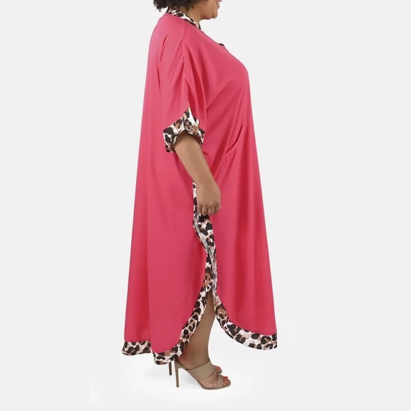 CROCKET RED LEOPARD PRINT MIX POCKETS FULL LENGTH CAFTAN DRESS COVERUP KAFTAN - Picture 2 of 5